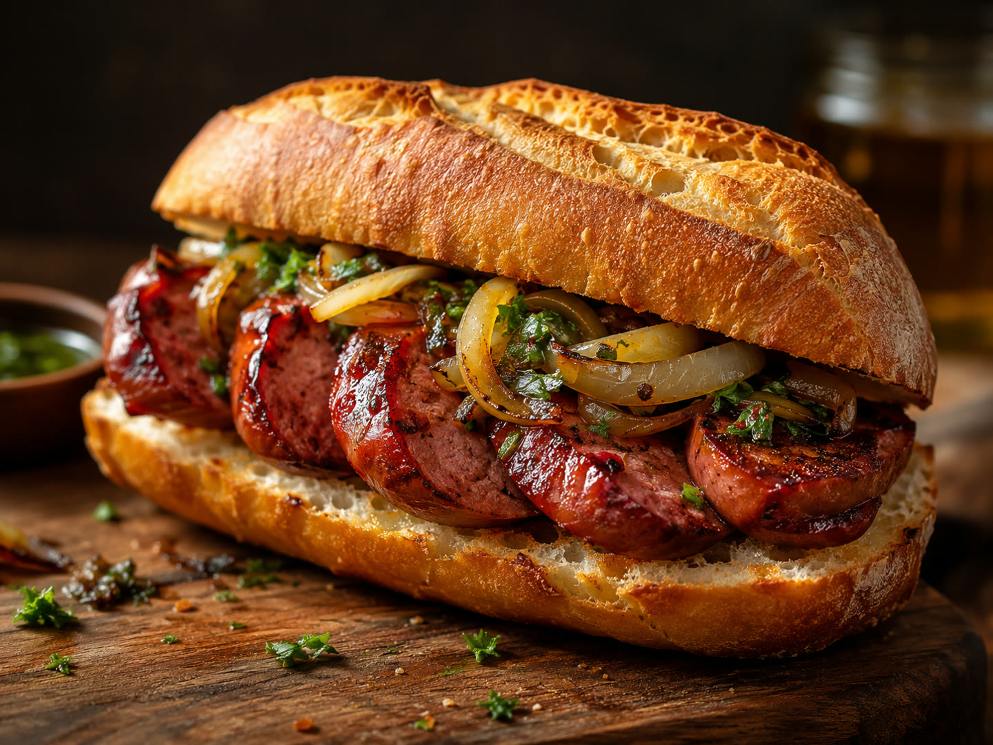 Linguiça artesanal no pão, com cebola caramelizada